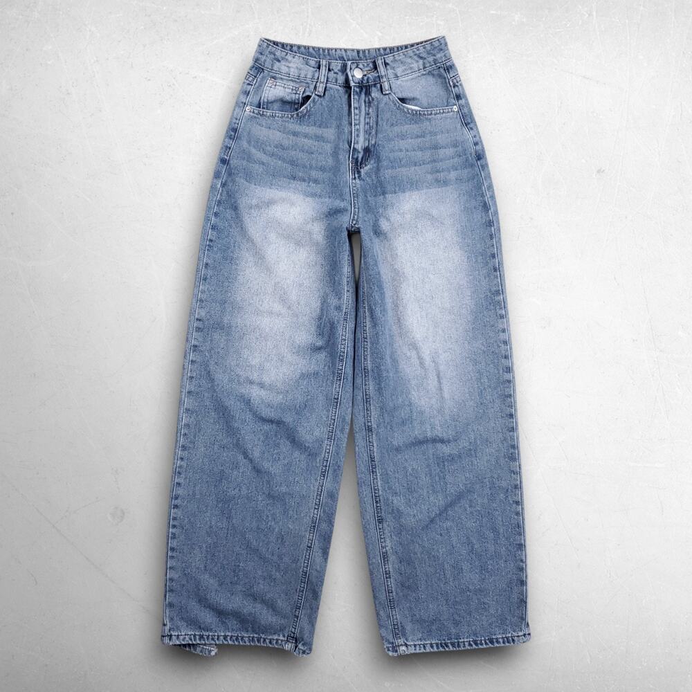 Dazy Wide Leg Jeans Women S Blue Wash Stretch Faded Distressed Hem Skater Grunge